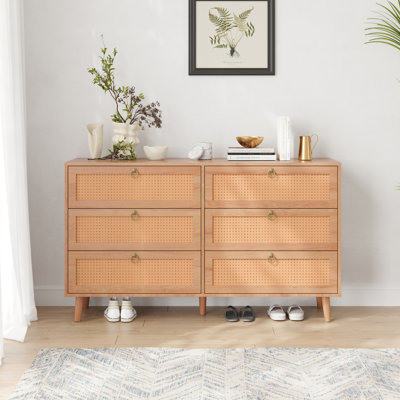 Modern Six-Drawer Double Dresser with Handwoven Rattan Fronts and Ample Storage Capacity for Bedroom Organization and Home Decor