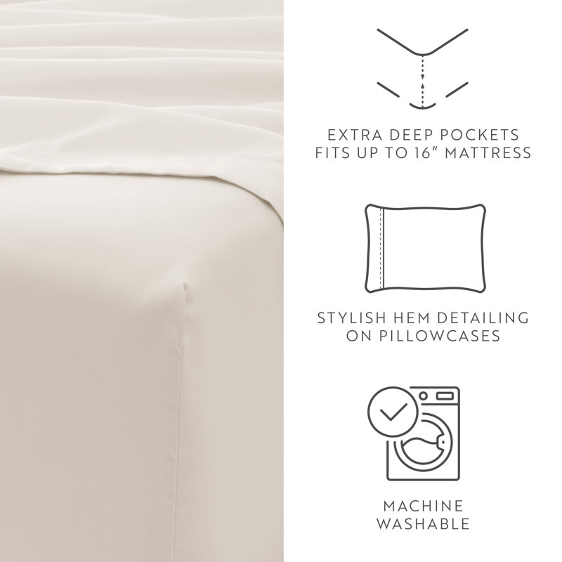 Solid Microfiber Ultra Soft Sheet Set, Ivory, Queen Sheet Set with 2 Pillowcases