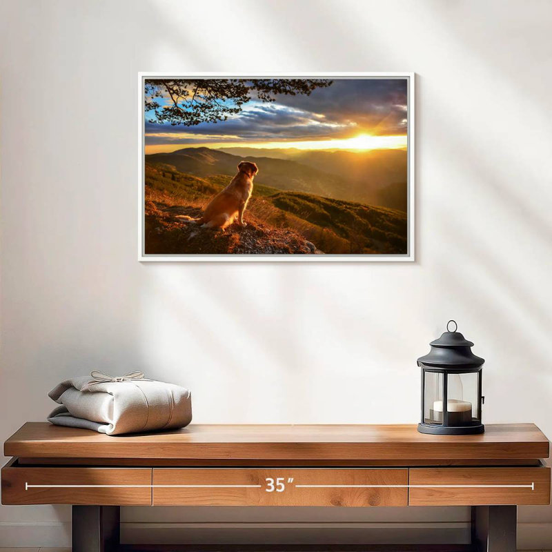 Chien regardant le lever du soleil, Cadre flottant blanc, 19 po x 13 po