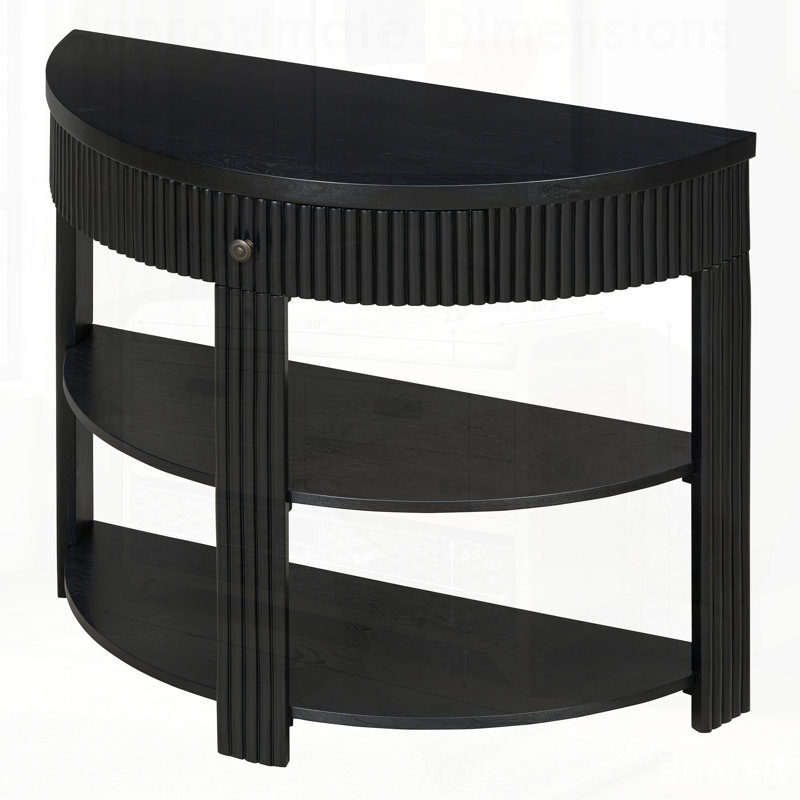 Console cannelée demi-lune avec tiroir et 2 tablettes pour le hall d'entrée, le salon et le couloir, Noir, Noir, Noir