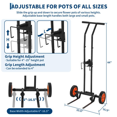 Support à plantes robuste à roulettes – Capacité de 80 kg, bras de préhension ajustables et sangles de fixation pour grands pots – Usage intérieur/extérieur – Noir