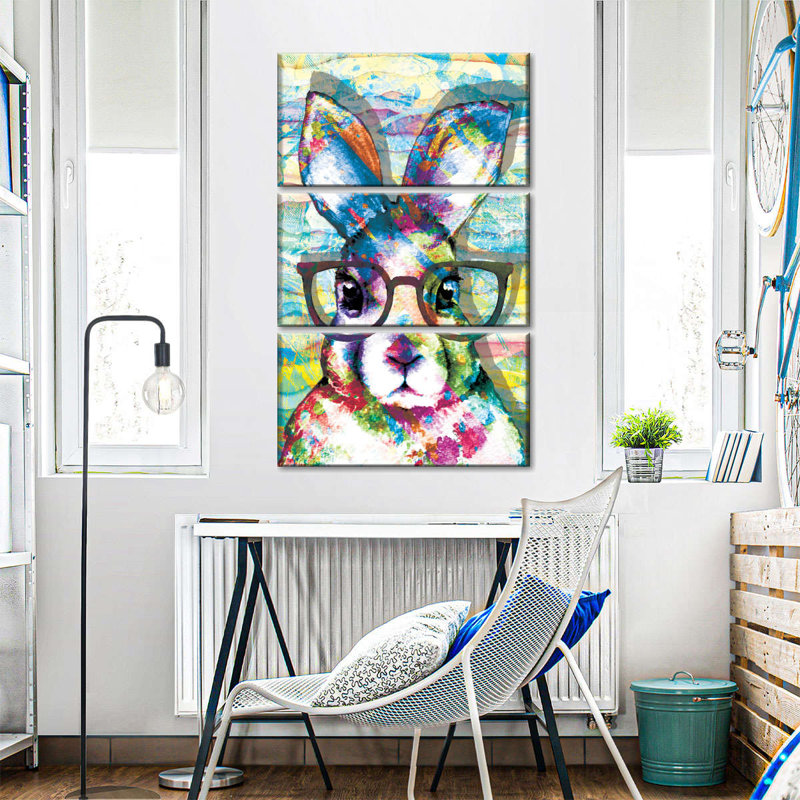 «Nerd Rabbit Paint Splash», ensemble de 3 reproductions sur toiles par PaintboxJenny, H 38 po x l 24 po x P 1,25 po