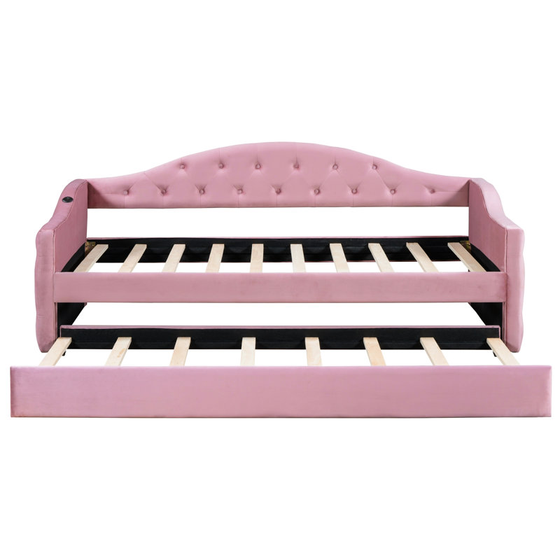 Lit de jour simple avec couchette, rose élégant, rembourré, confortable et rembourré en velours, Rose