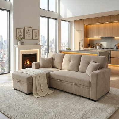 L-Shaped Sectional Sofa Bed with Pull-Out Bed, Reversible Chaise, and Storage