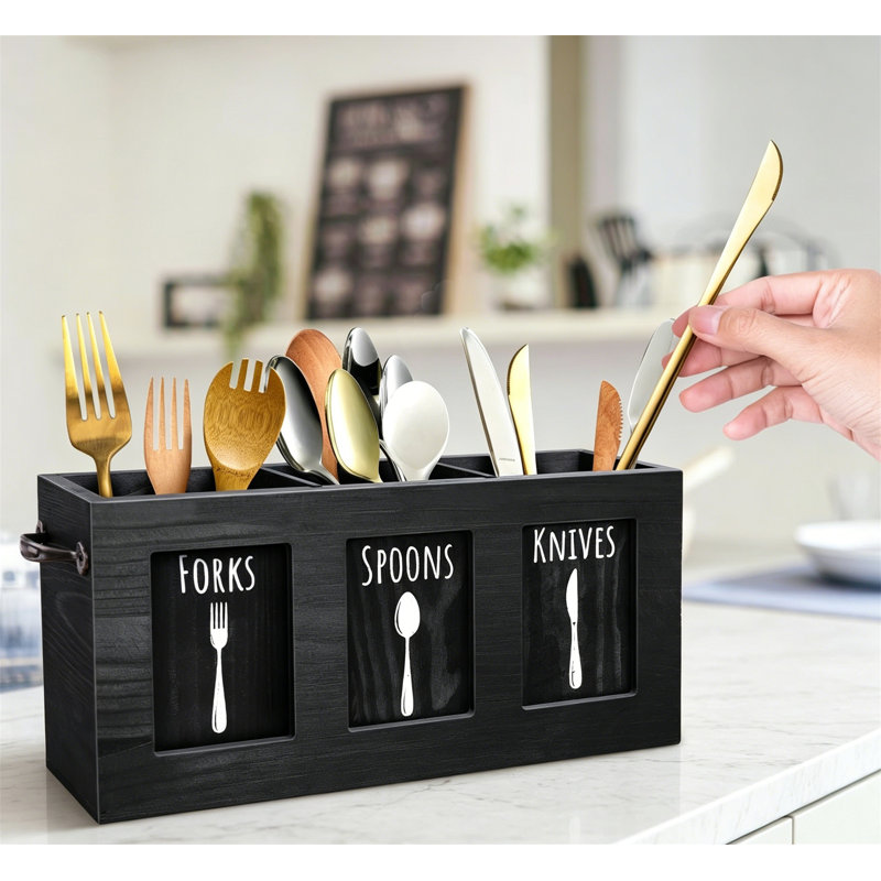 Porte-couverts en bois pour ustensiles rustique, Black