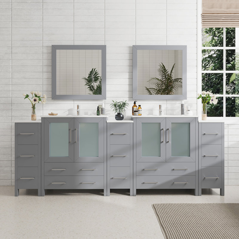  Ensemble de meuble-lavabo double 96 "avec miroir Modern, Gris