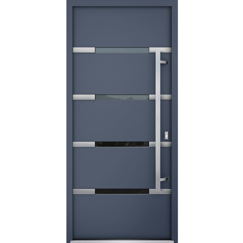 Porte d'entrée extérieure prémontée en acier Deux 1105, émail noir, inserts en acier inoxydable, style moderne, peinte, largeur 36 po x hauteur 80 po, ouverture à gauche vers l'intérieur