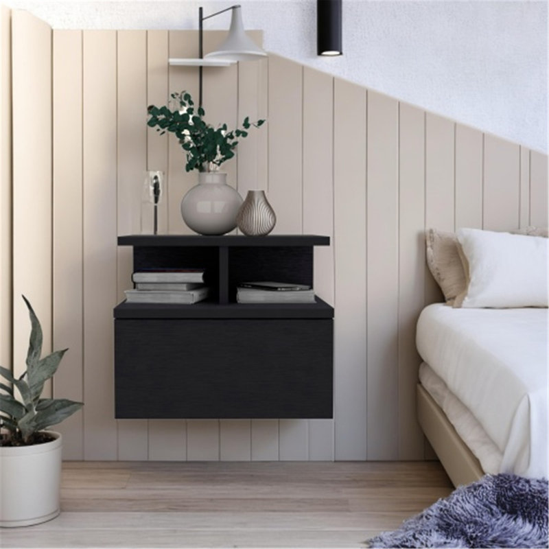 Table de chevet murale polyvalente avec tiroir et tablettes pour un rangement pratique, Noir, noir, noir, noir