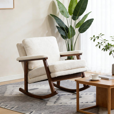 Mid-Century Modern Upholstered Rocking Accent Chair With Solid Wood Frame, Comfortable Reading Armchair