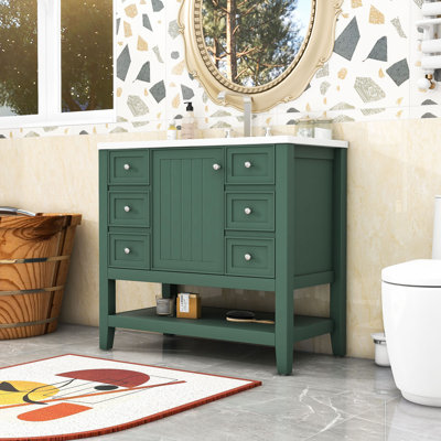 Meuble-lavabo simple autoportant moderne Tyshiem avec lavabo en céramique et grand rangement