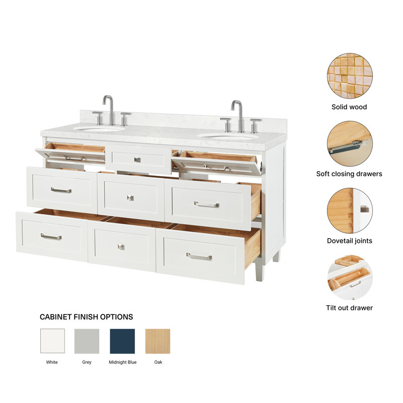 Meuble-lavabo double en bois massif ARIEL Monrow, Blanc, 66" - 67", Carrara White Quartz