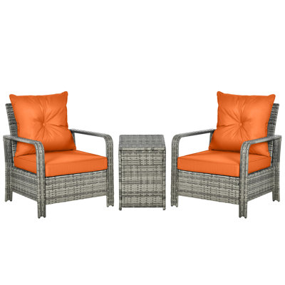 Outsunny 3 Pieces Rattan Bistro Set with 72 L Storage Coffee Table Orange