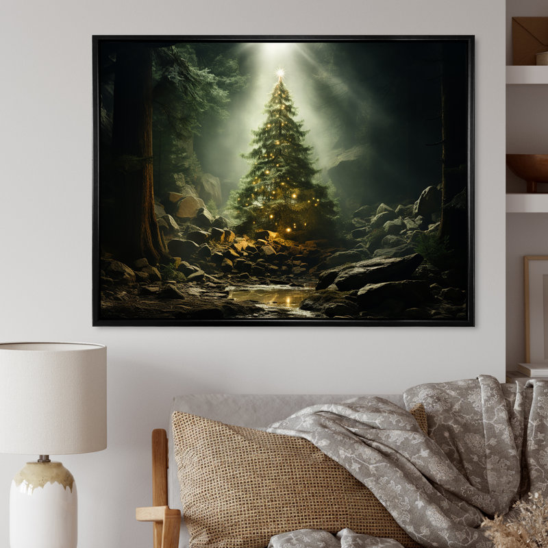 Arbre de Noël vert magique - décoration murale paysage d'hiver, Cadre flottant noir, H 34 po x l 44 po x P 1,5 po