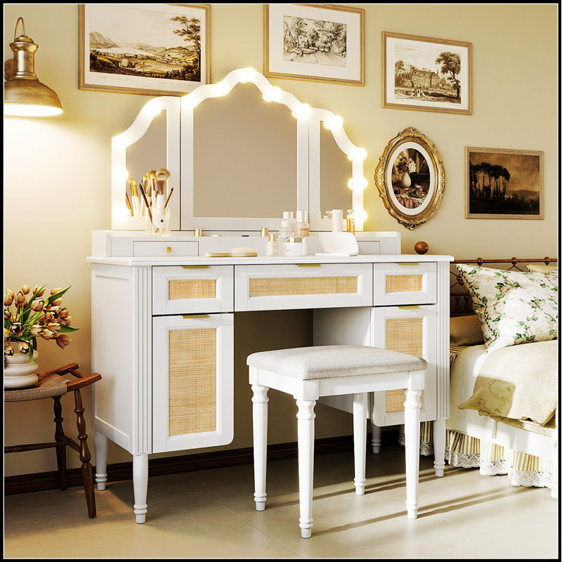 Meuble-lavabo chic avec 13 ampoules Hollywood, 3 modes d'éclairage et beaucoup de rangement pour les essentiels et les appareils de beauté