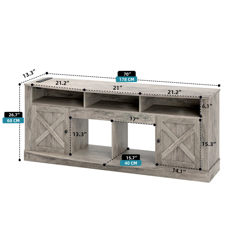 70" Farmhouse TV Stand, Modern Media TV Console Table With Timeless Barn Doors & Storage Cabinets, Gray