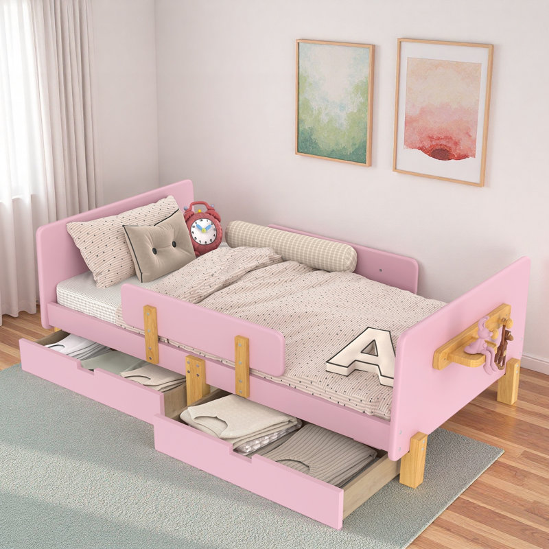 Lit plateforme avec tiroirs de rangement, garde-corps, petite tablette et crochets, Lit simple, Rose