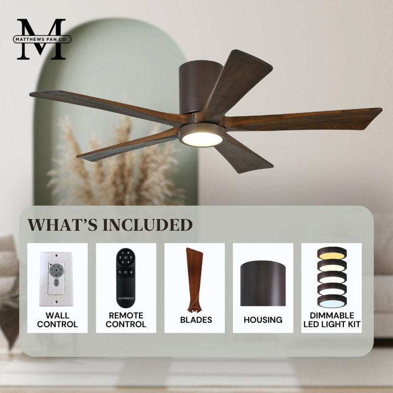 Irene Flushmount Light Kit 5 Blade LED Ceiling Fan, Textured Bronze, 42", Walnut Tone