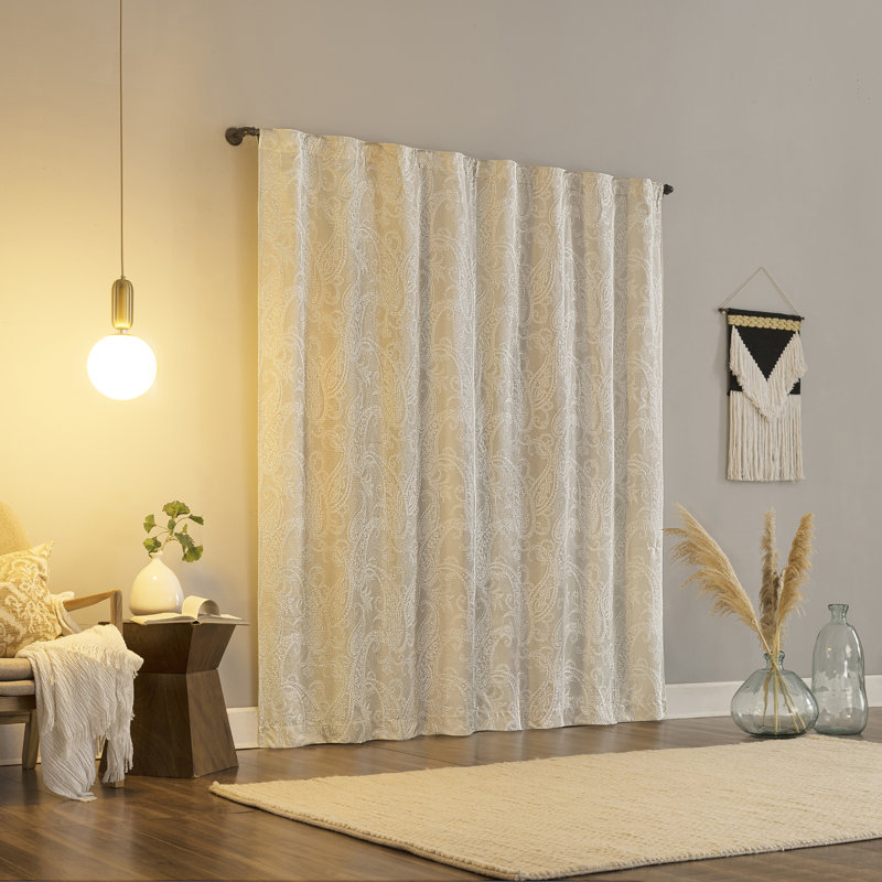 Pedra Paisley Embroidery 100% Blackout Back Tab Curtain Panel, 40" W x 96" L, Pearl White