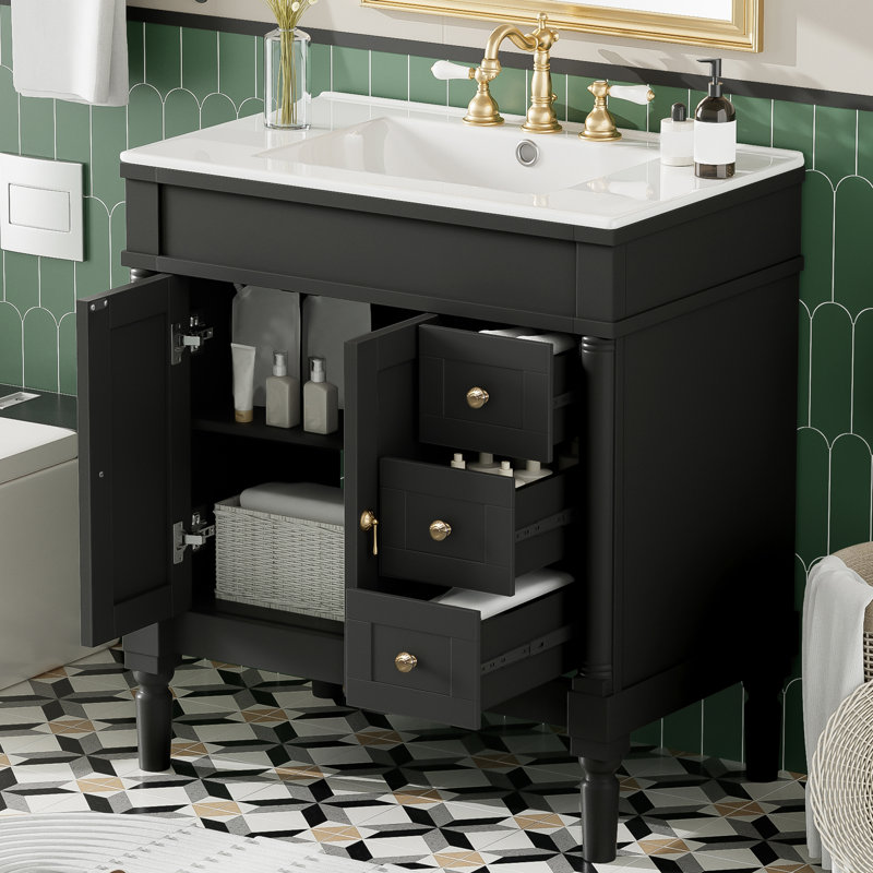 Meuble-lavabo moderne de 30 po avec comptoir en céramique, Rouge foncé, Argent argent