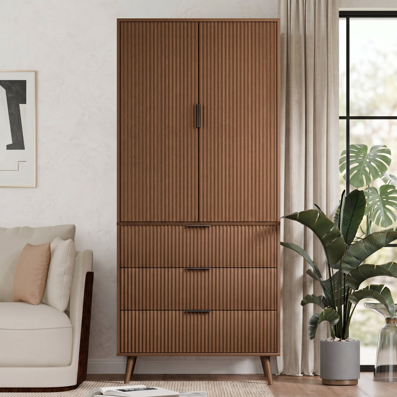 Tall Storage Cabinet With Drawers And Adjustable Shelves, Fluted Panel Accent Cabinet With Gold Handles For Living Room, Kitchen, Or Entryway