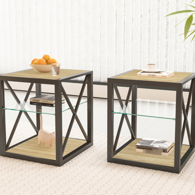 2 tables de bout de style industriel pour la chambre à coucher et le salon, plateau en bois naturel en verre trempé de style industriel, rangement compact à 3 niveaux, design moderne, verre, économie d'espace