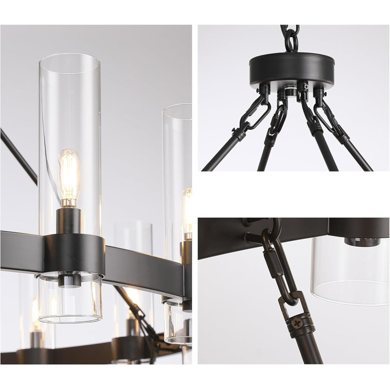24-lights Chandelier,wagon Wheel Chandelier With Glass Shade, Matte Black