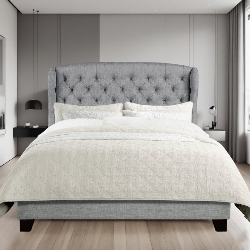 Fabric Upholstered Bed,Tufted Headboard Adjustable Height Bed Frame, Grey, King