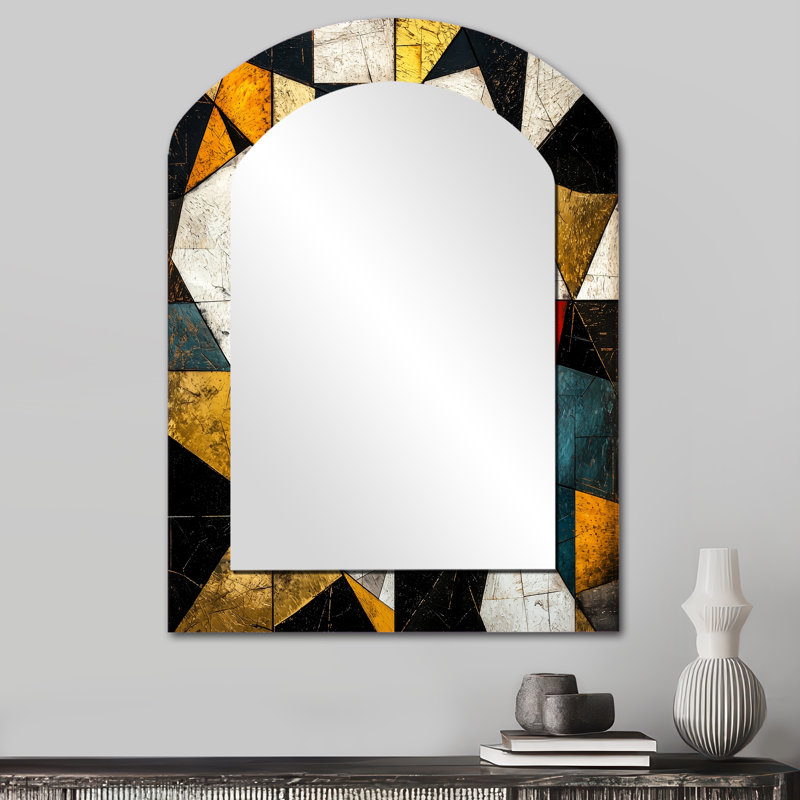 Black Yellow Fragmentation Abstract Shapes III - Abstract Shapes Asymmetrical Mirror, Black Arch Decorative Wall Mirror, Printed Metal Art