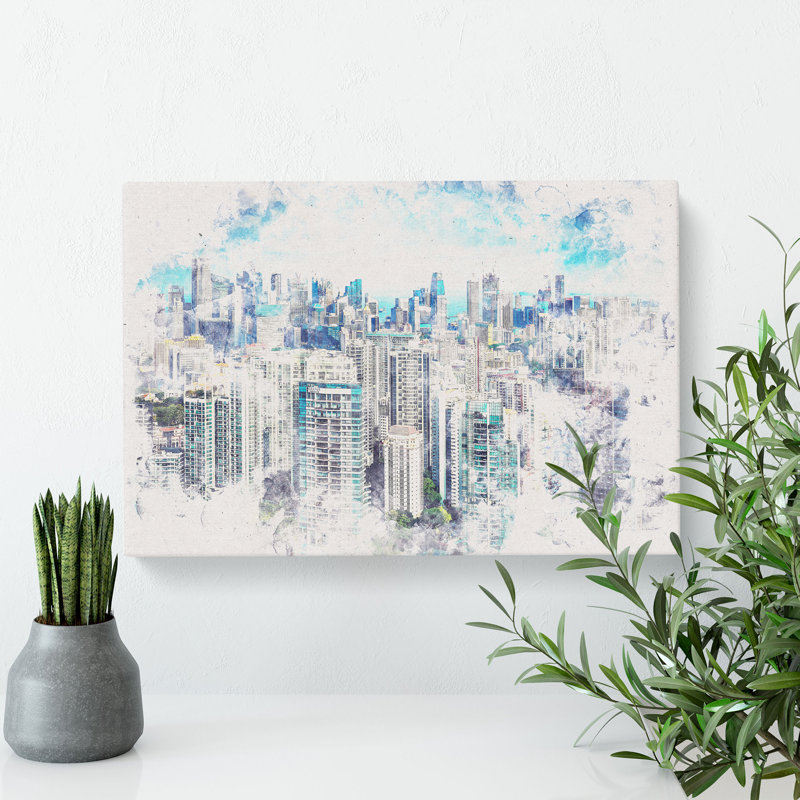 Singapore Skyline Watercolour - Wrapped Canvas Print, 60cm H x 91cm W x 3cm D