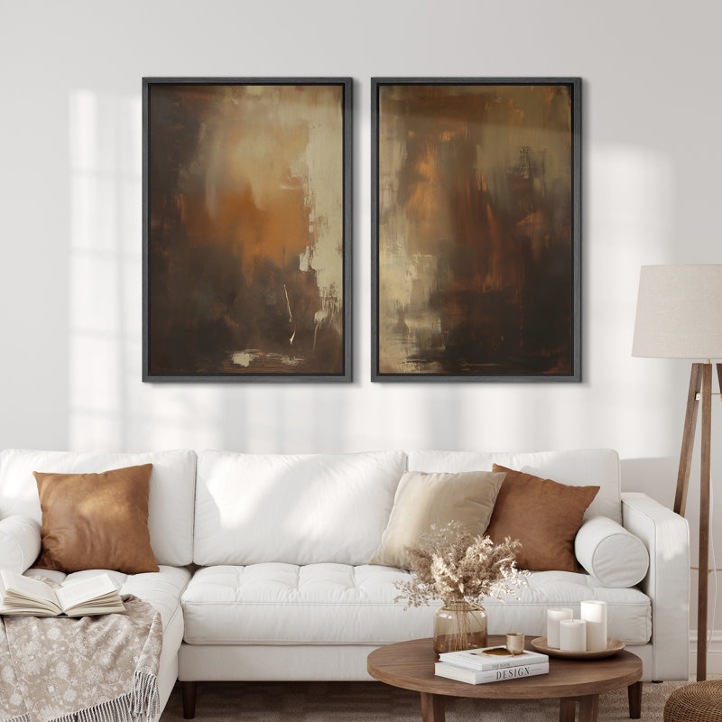 Ensemble de 2 reproductions d'art sur toile abstraites rustiques brunes rustiques, H 36 po x l 24 po, Noir