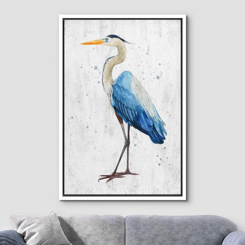Blue Heron, oiseau sur toile, Cadre flottant blanc, H 24 po x l 16 po x P 1,5 po