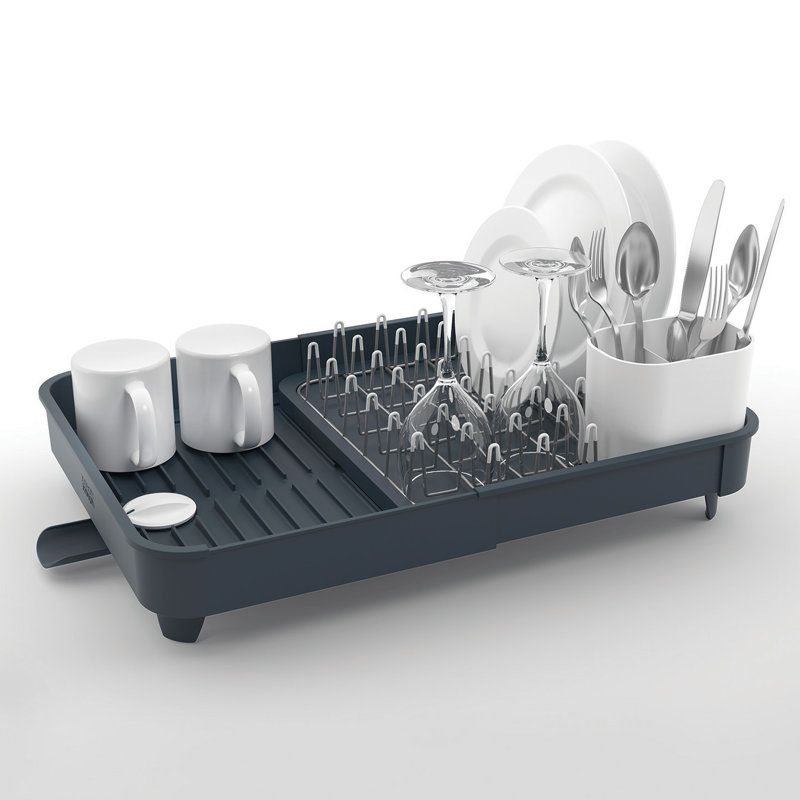 Gray Expandable Metal Dish Rack with Utensil Cup
