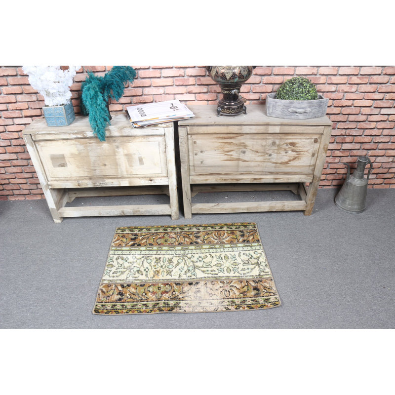 Vintage Turkish Oushak Rug With Floral Design Ideal For Entryway As Door Mat In Small Size Featuring Green Patchwork Style