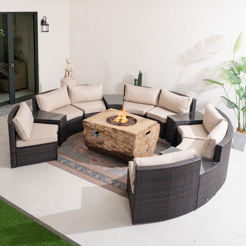 Ensemble de conversation modulaire en rotin pour 8 personnes avec coussins, 13 pièces: table de foyer, 8 chaises, 4 tables de