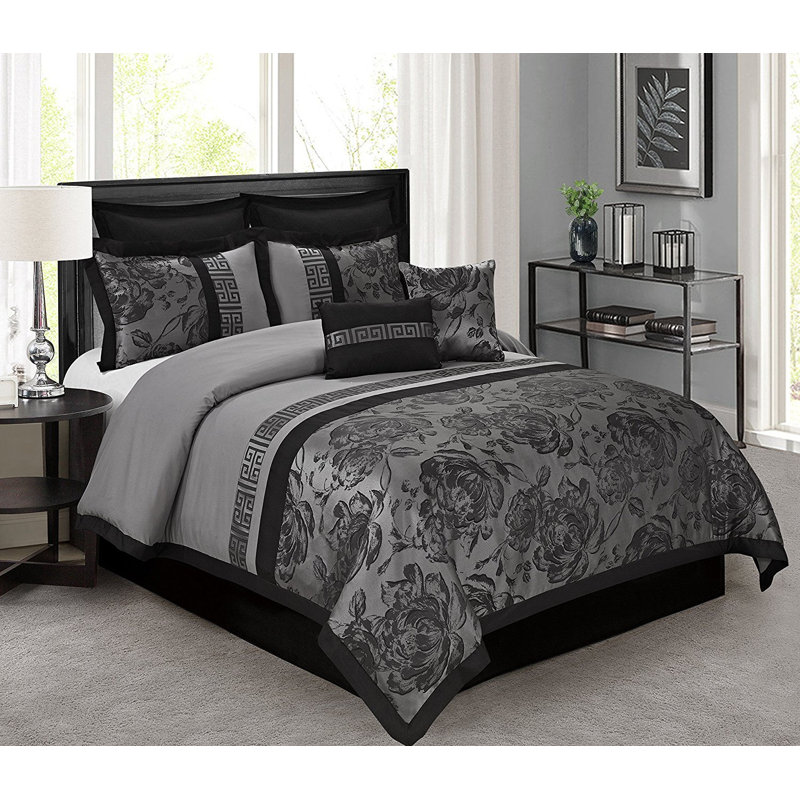 8-Piece Jacquard Floral Patchwork Comforter Set with Bed Skirt, Gray, King, King Comforter + 7 Additional Pieces, Gray