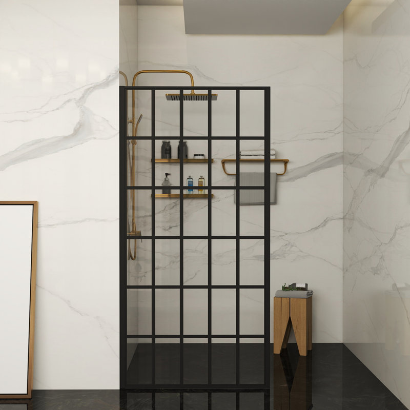 Porte de douche à panneau simple l 34 po x H 72 po, écran de douche en verre trempé de 8 mm avec cadre noir satiné, porte de douche fixe réversible pour salle de bain