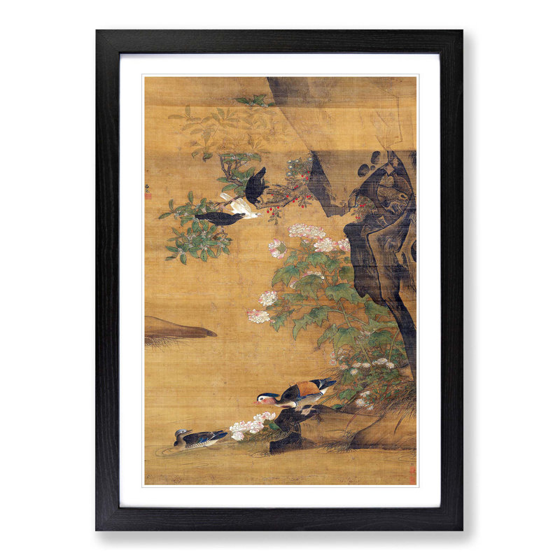 Mandarin Ducks & Cotton Rose Hibiscus by Lu Ji - Picture Frame Painting Print on MDF, Black Framed, 48cm H x 36cm W x 2cm D