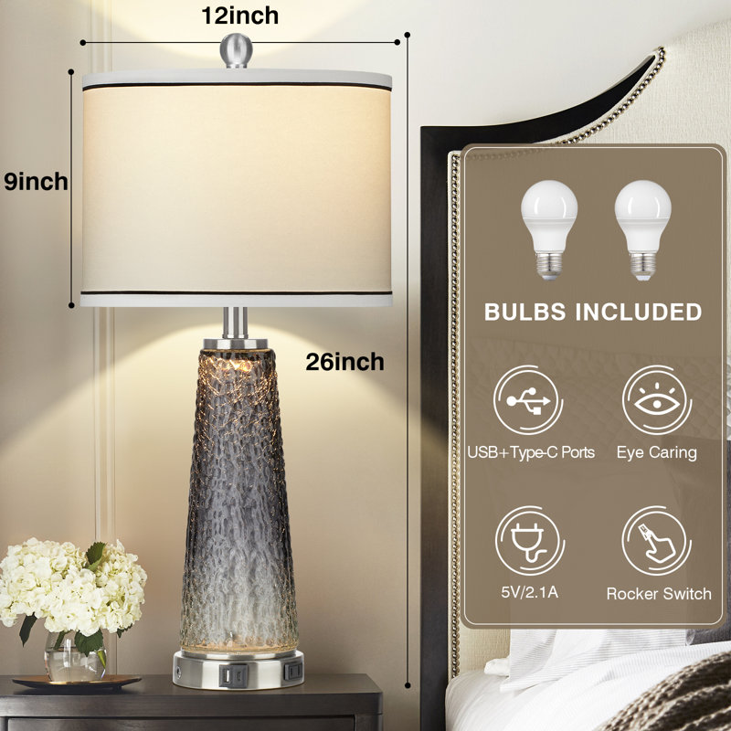 Taifa Glass Table Lamp with Nightlight and USB Charging Ports AC Outlet, Gray