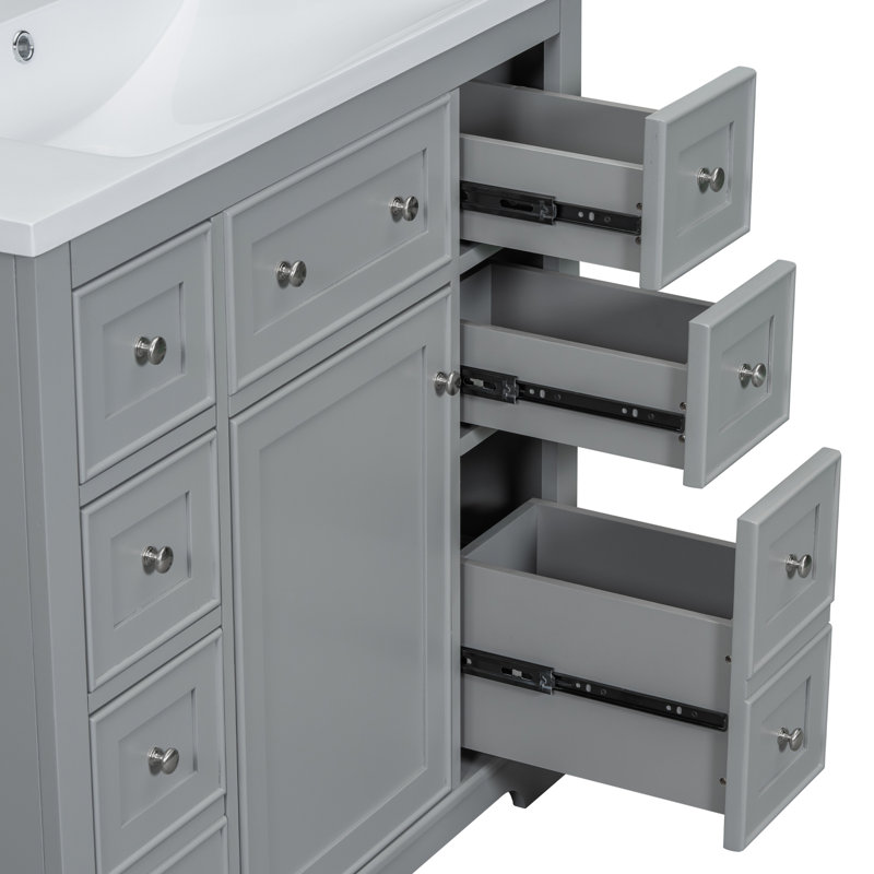Meuble-lavabo gris avec lavabo - Armoire en bois massif de 36 po, 6 tiroirs, tablette réglable, option de décoration moderne