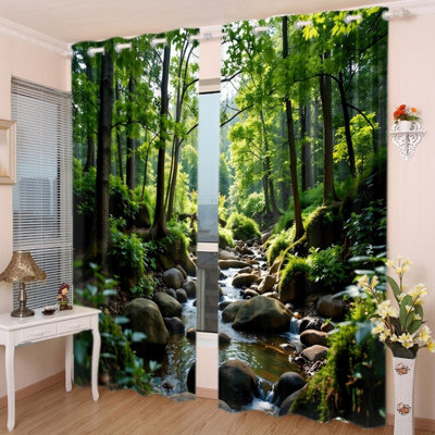2Pcs Grommet Blackout Curtains, Lush Green Forest Stream Waterfall Print Drapes, Thermal Insulated Heat Blocking, Noise Reducing & Privacy Protection, Light Filter for Living Room Bedroom Balcony Home Decor