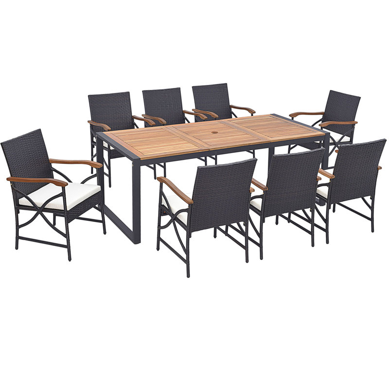  Ensemble de salle à manger 9 pièces en rotin 9 pièces avec table en bois d'acacia et trou pour parasol