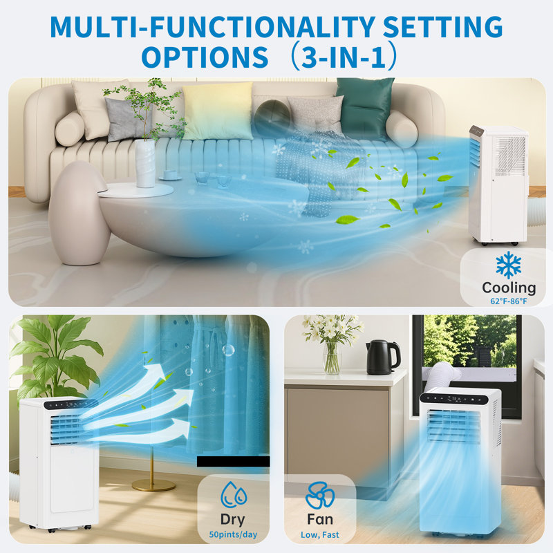 Climatiseur portatif de 8 000 BTU, climatiseur d'intérieur 3-en-1 compact et silencieux combinant refroidissement, déshumidification, mode ventilateur, minuterie 24H, télécommande et ensemble de fenêtre complet, refroidissant les espaces jusqu'à 350 pieds carrés.