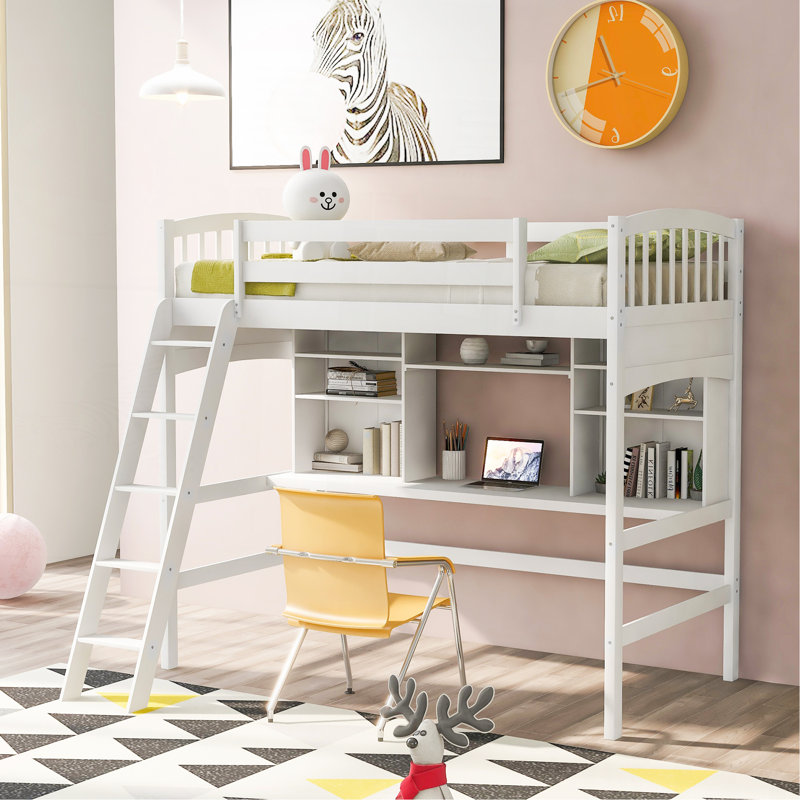 Twin Size Loft Bed With Storage Shelves, Desk And Ladder, White, White