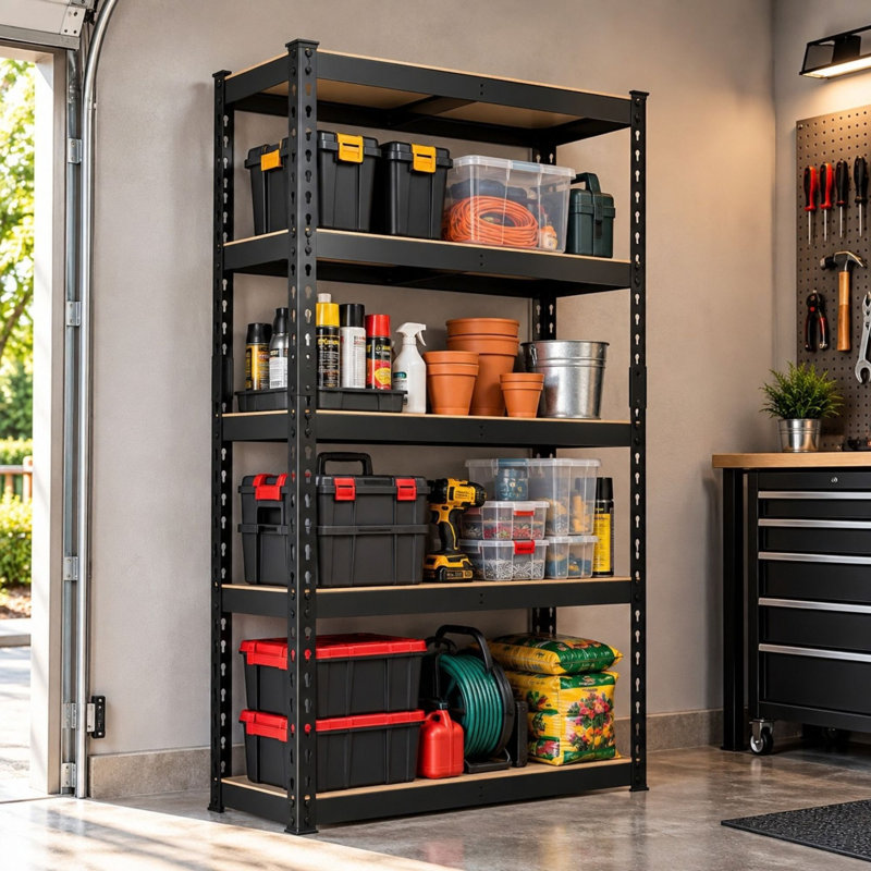 Étagère de rangement en acier thermolaqué noir mat à 5 niveaux avec tablettes HDF Ar Shelving, H 72 po x l 36 po x P 18 po