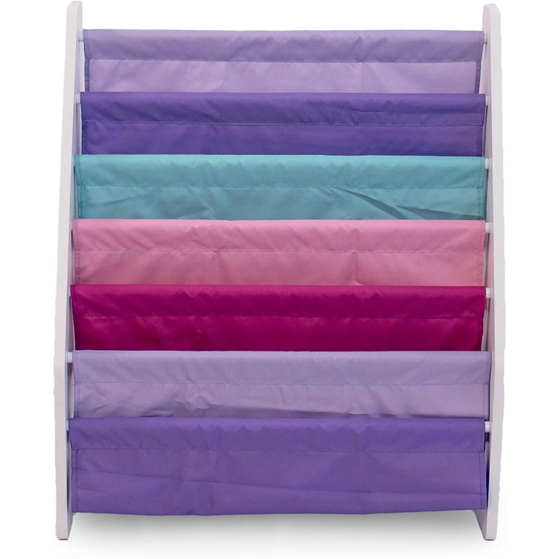 Étagère à livres à 6 niveaux - Très grande bibliothèque pour enfants avec pochettes de rangement en tissu et présentoir pour chambre d'enfant ou de jeu (blanc / rose / mauve / turquoise)