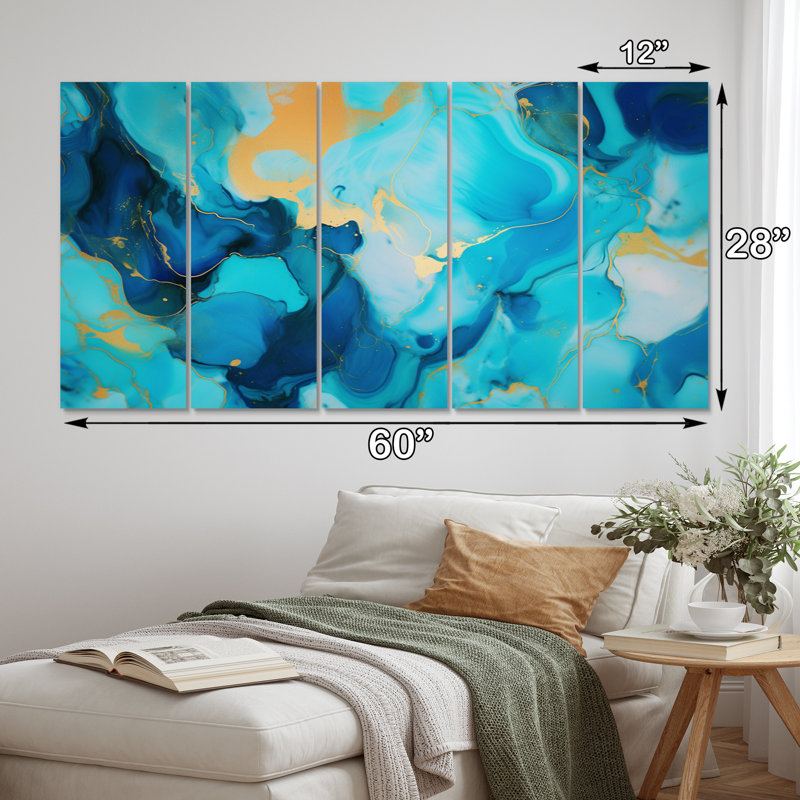 Turquoise, luxe, abstrait, fluide, art III - art mural abstrait, salon - 5 panneaux égaux