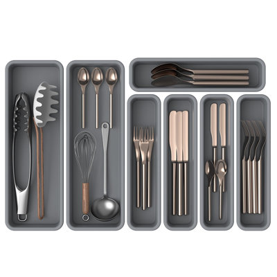 7 Pack Silicone Silverware Drawer Organizer, DIY Free Combination Kitchen Drawer Organizer, Utensil Organizer, Grey