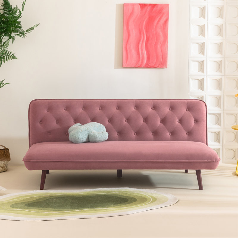 Jolee 70.4" Mid Century Modern Velvet Armless Convertible Futon, Twin Size, Pink