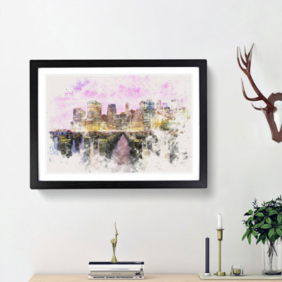 Manhattan from Brooklyn Bridge Watercolour - Picture Frame Graphic Art Print