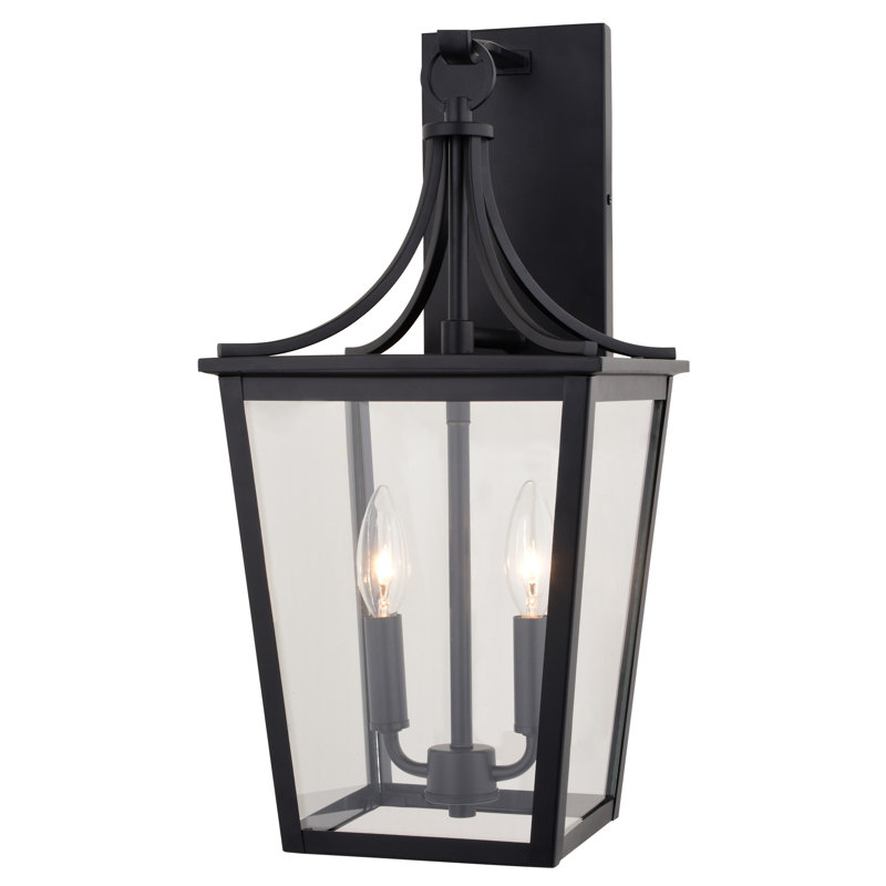 Applique murale d'extérieur à 2 lumières H 19 po noir mat Wayna en métal durable, abat-jour en verre transparent, compatible avec les DEL, à utiliser pour la porte d'entrée de patio ou de garage